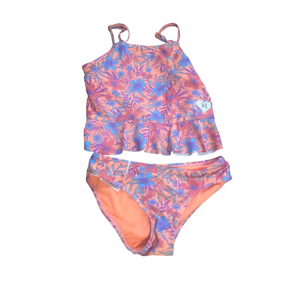 Hurley Tankini Swimsuit Girls Size 7/8 Pink Floral Excellent Ruffle Two Piece